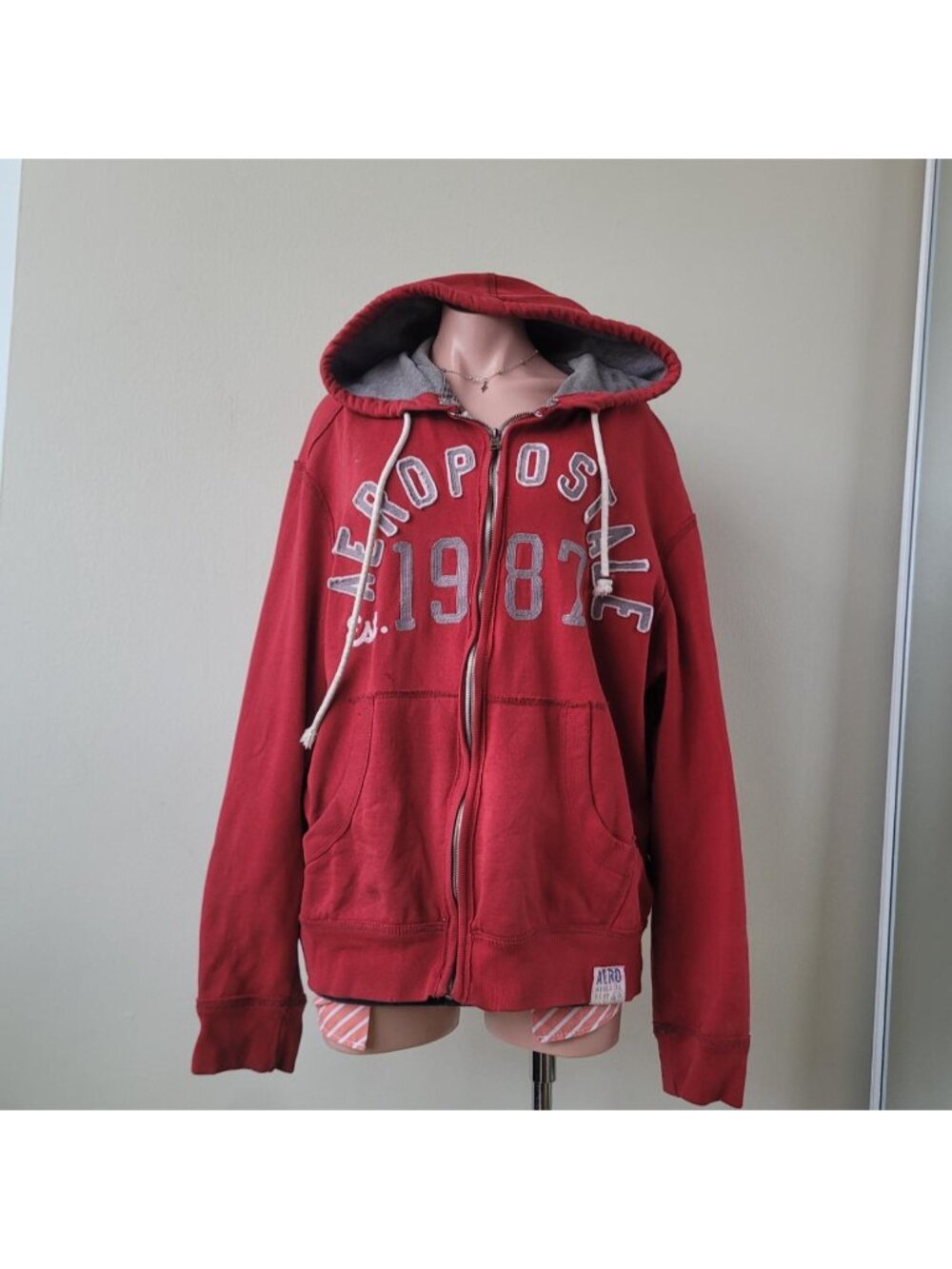 Aeropostale Deep Red Oversized Varsity Logo Embroidered Zip Up Hoodie (XL)